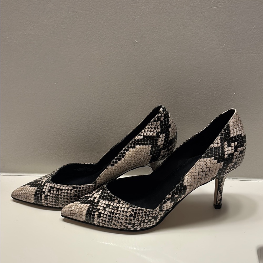 Marc Fisher Snakeskin-Print Pointed Toe Heels in Black and Cream